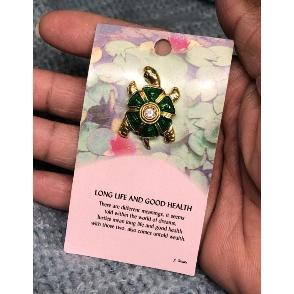 Gold-Tone Turtle Pin Green Enamel Clear Rhinestone Center